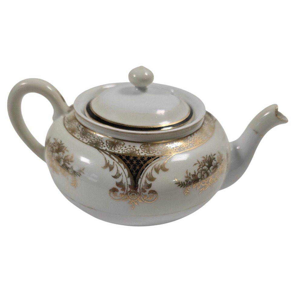 Noritake Hand Painted Porcelain Teapot Gold Floral Black Accent Japan Vintage